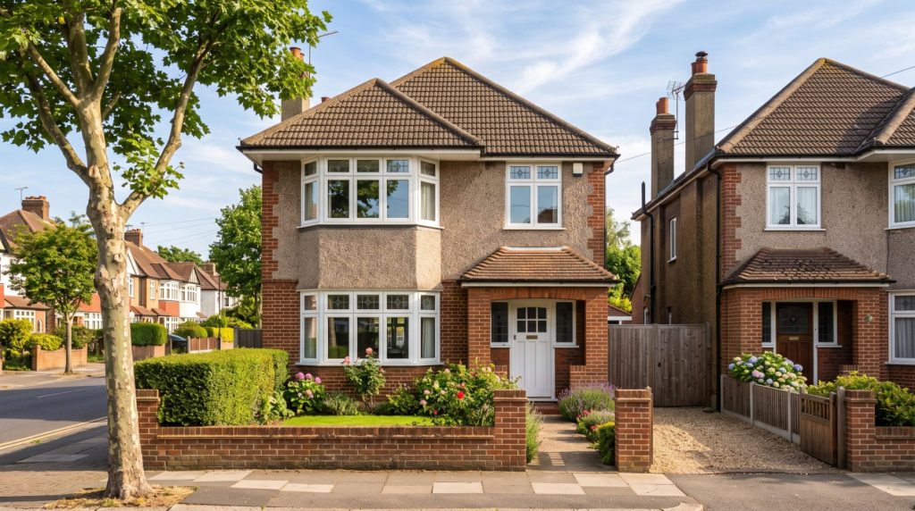 A bay-fronted suburban semi-detached house with a tiled hipped roof