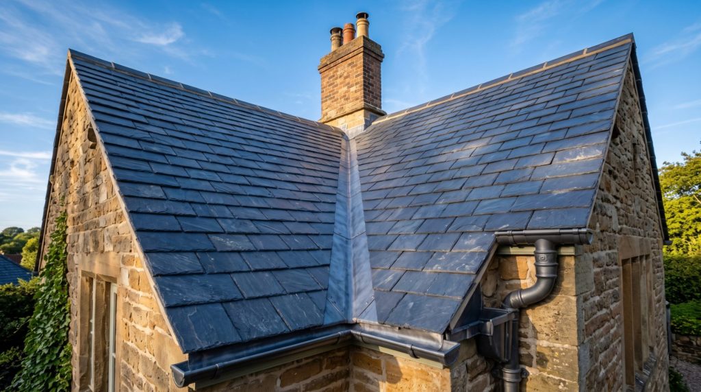 A finished natural slate roof with lead detailing
