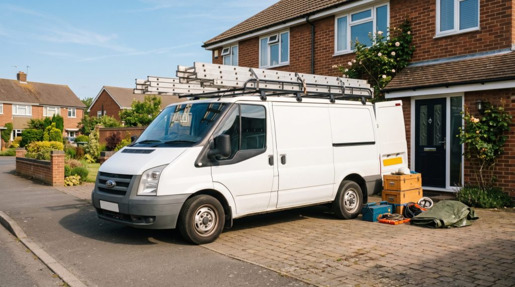 A roofing van with roof ladders parked on a driveway