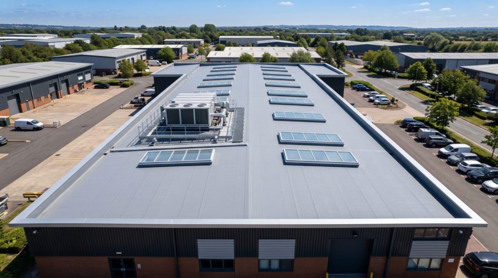 A single-ply membrane flat roof on a commercial unit