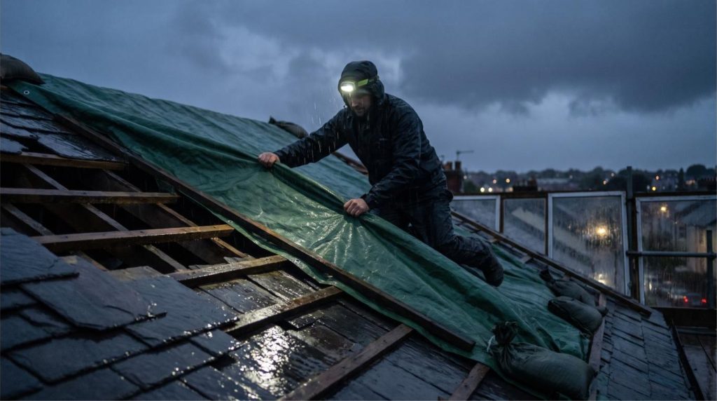 A roofer securing a tarpaulin over a storm-damaged roof at dusk