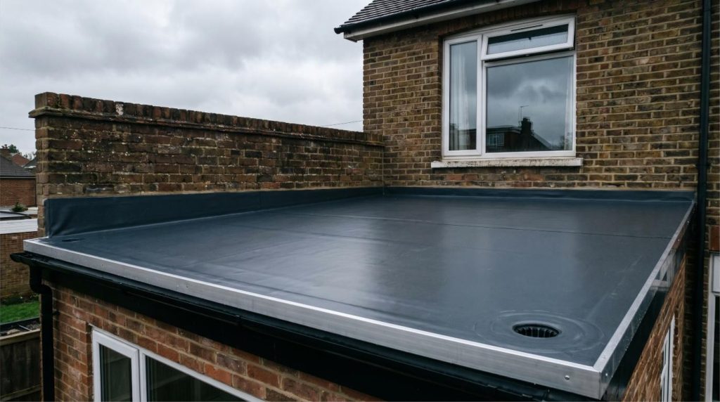 A newly installed EPDM rubber flat roof with aluminium edge trim