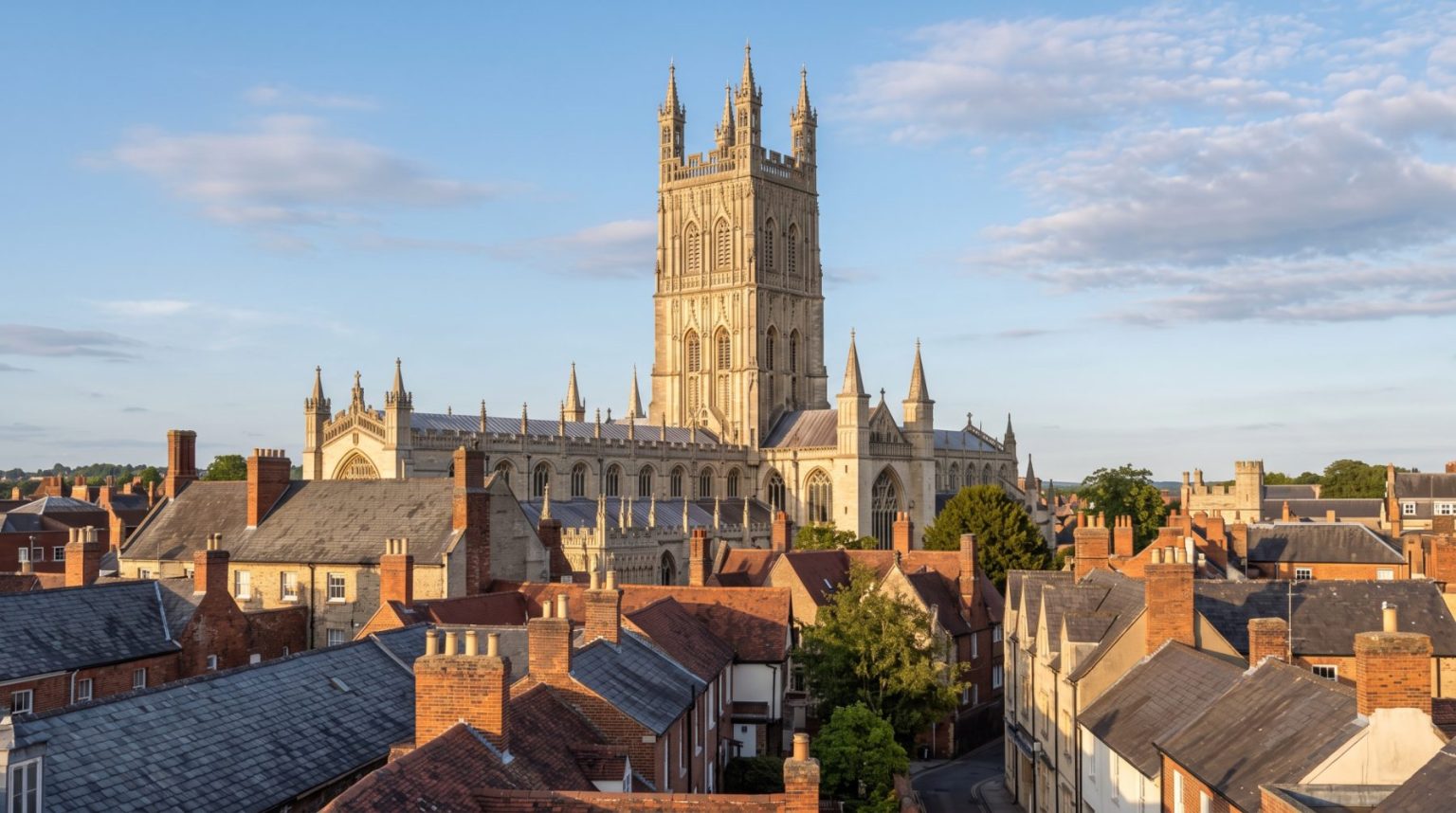 Gloucester Cathedral tower rising above the rooftops of the city