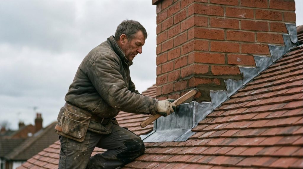 Lead flashing being dressed around a brick chimney stack