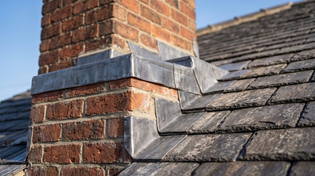 Lead flashing dressed where a chimney stack meets a slate roof