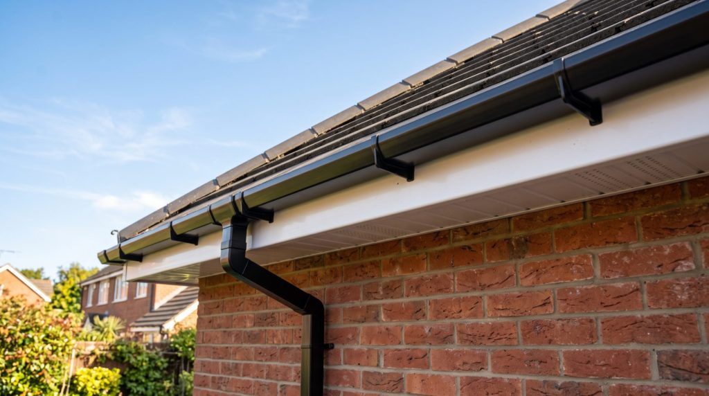 New black uPVC guttering with white fascias and vented soffits at the eaves