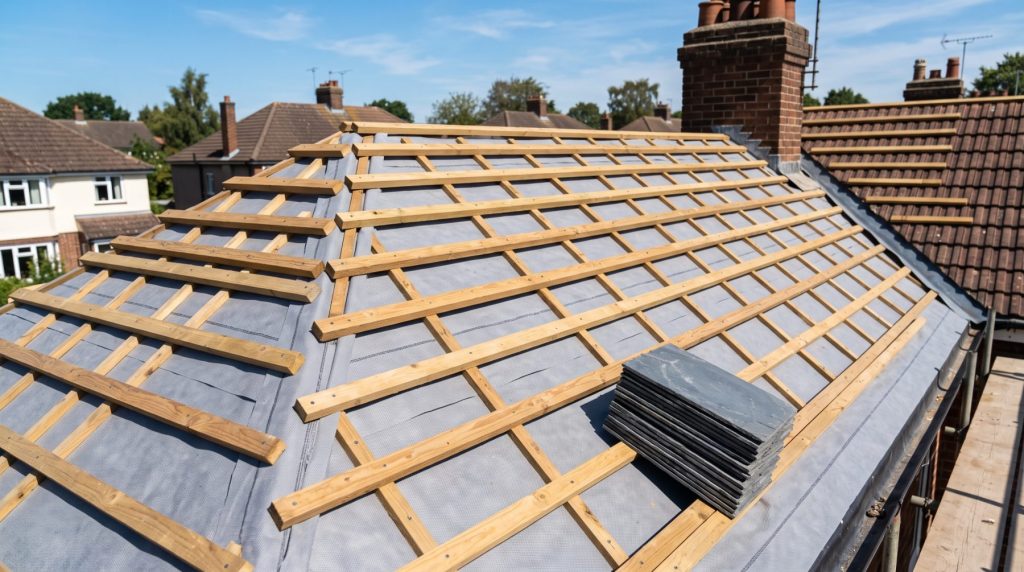 New breathable membrane and timber battens on a stripped roof