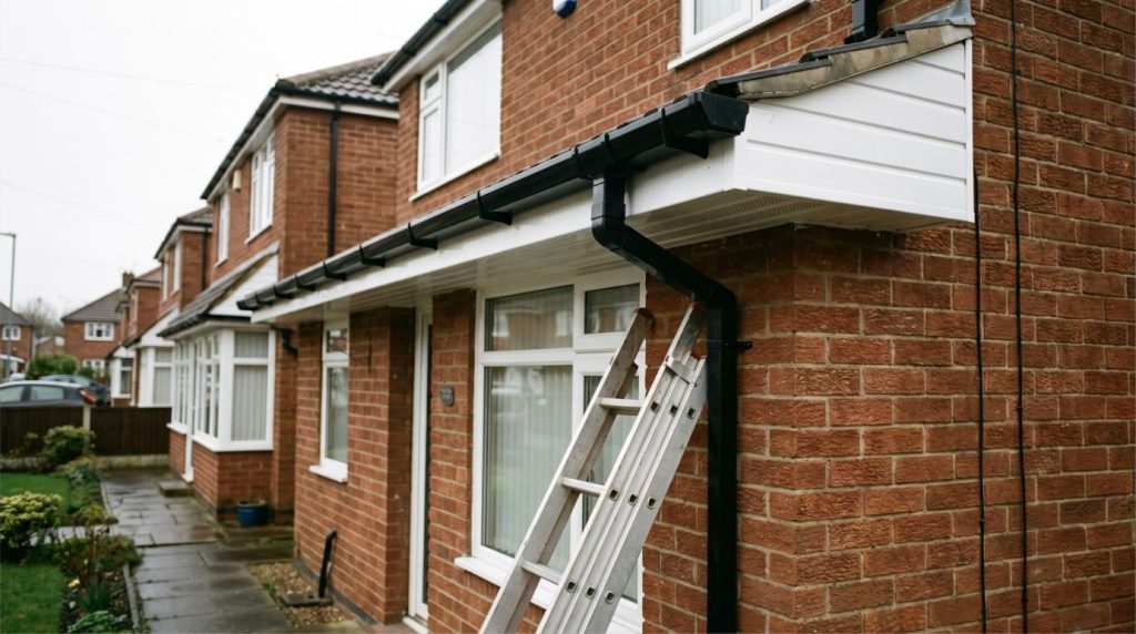 New black uPVC guttering, white fascias and vented soffits at the eaves