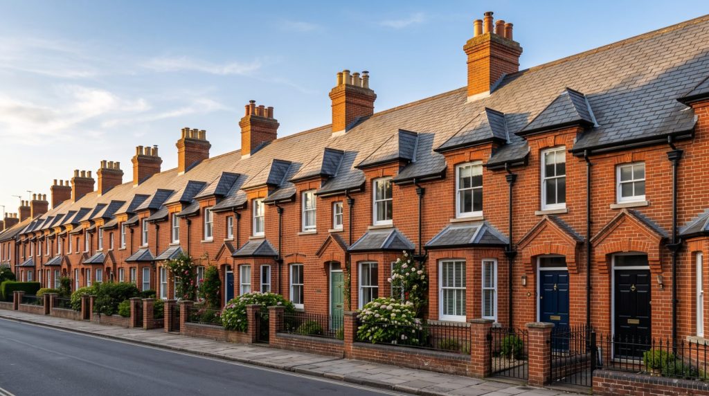 Pitched slate roofs on a row of Victorian red-brick terraced houses