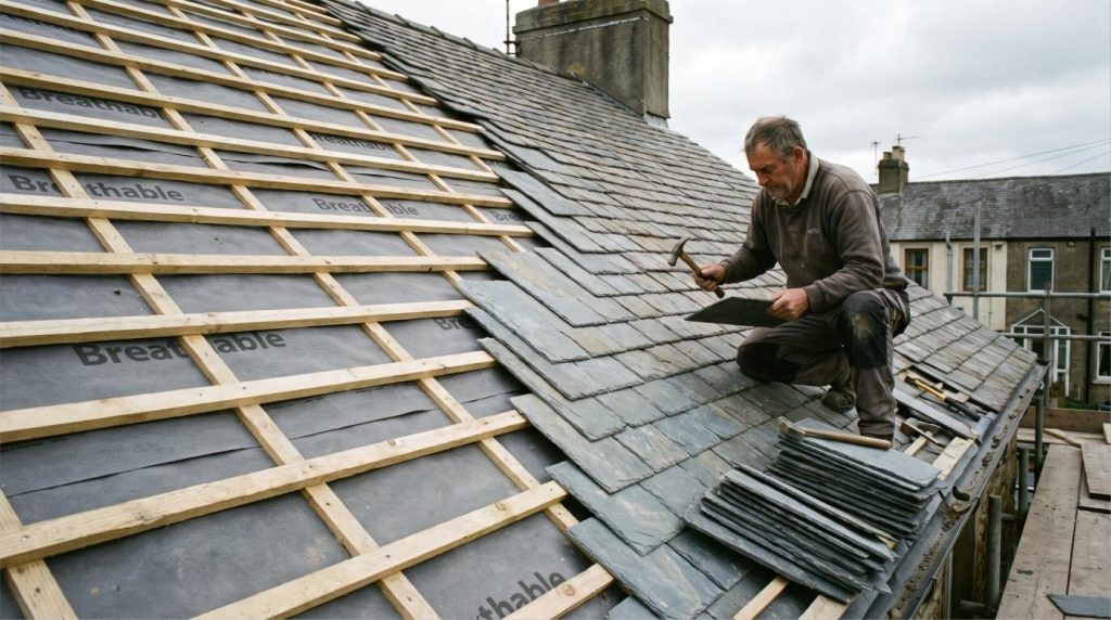 New timber battens and breathable membrane with natural slate being laid