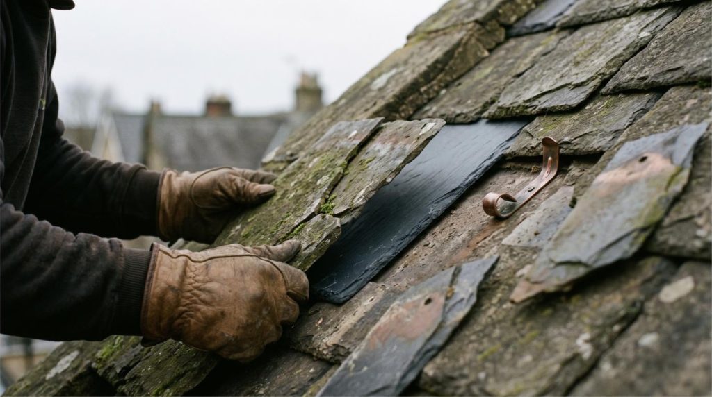 A cracked slate being replaced and secured with a copper tingle
