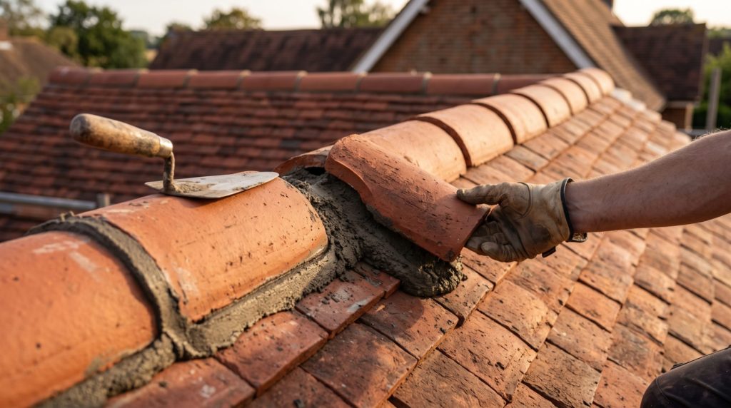 Ridge tiles being bedded onto a fresh mortar bed