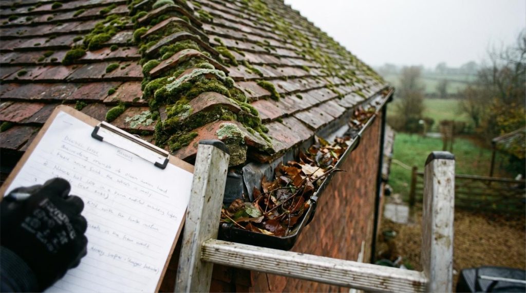 A moss-covered tile roof and leaf-blocked gutter during a roof survey