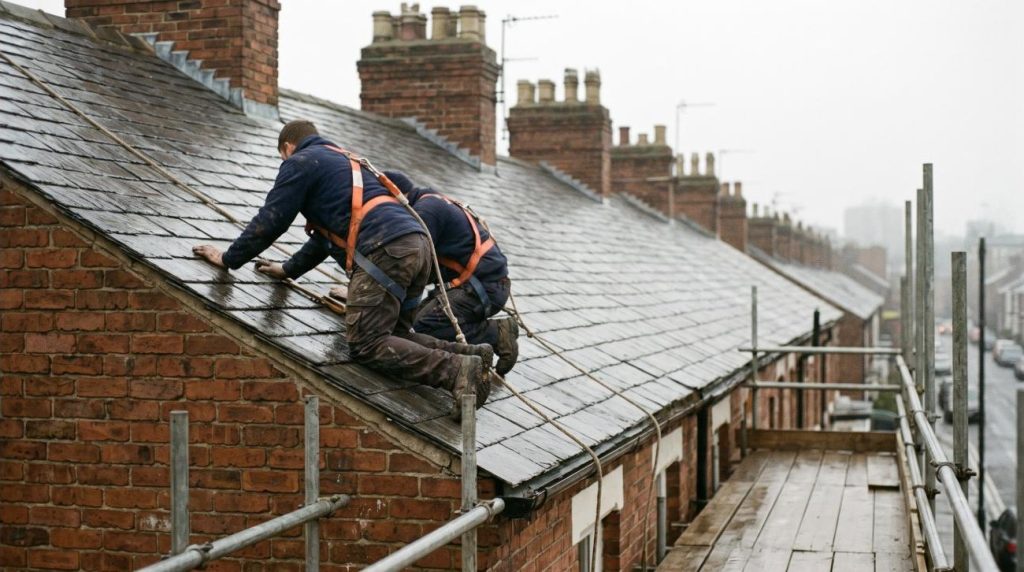 Roofers working on a pitched slate roof of a terraced house