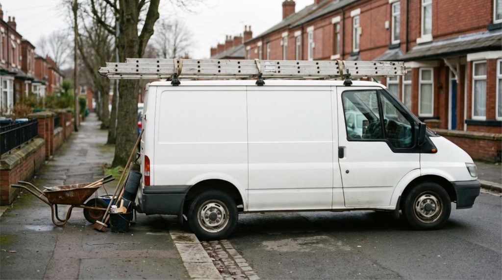 A roofing van with ladders parked on a residential street