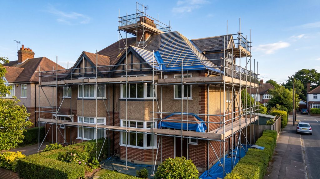 Scaffolding erected around a semi-detached house during a re-roof