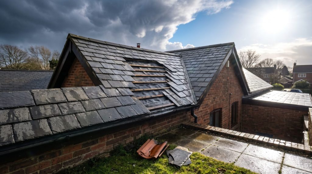Storm damage with tiles blown off a pitched roof